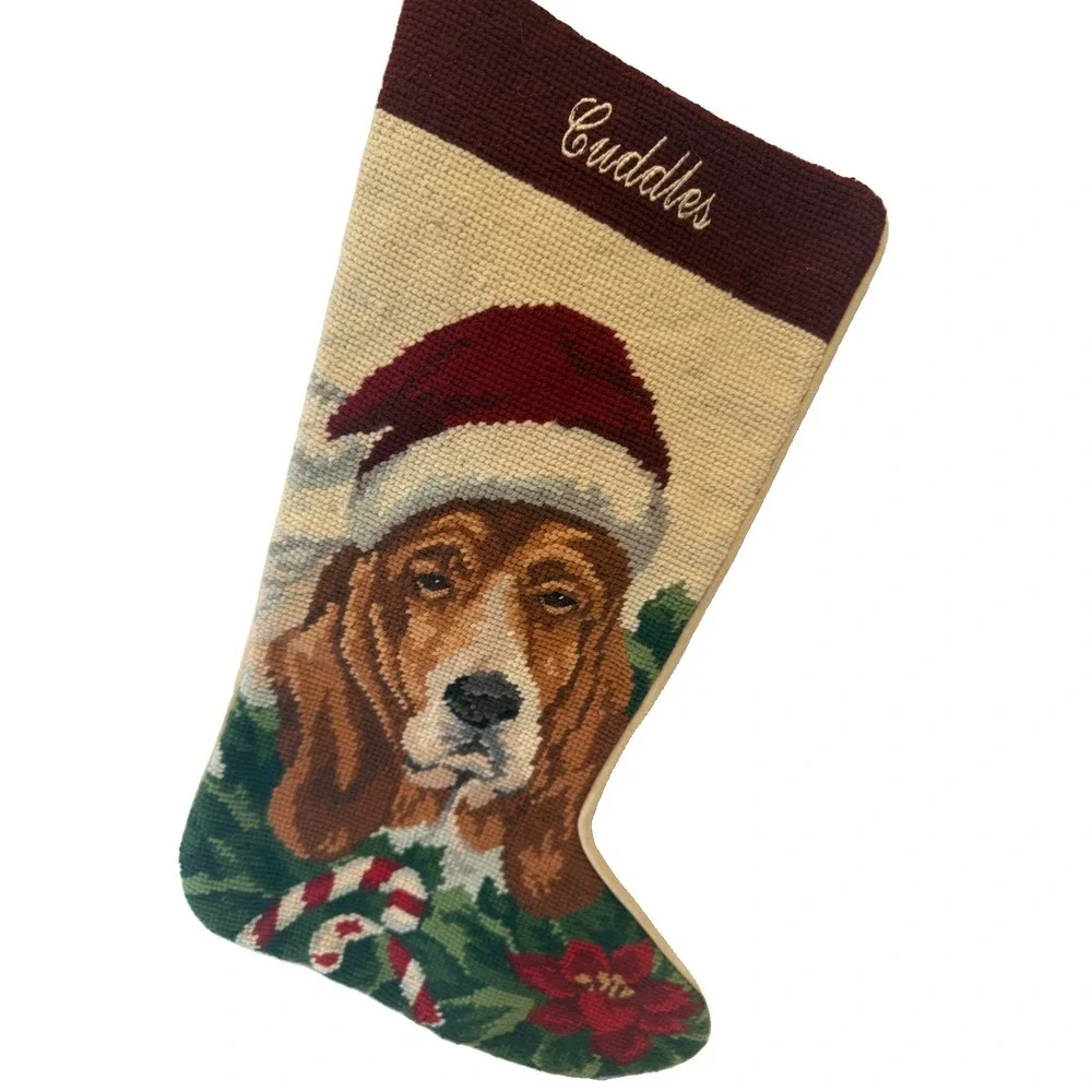 Vintage 100% Wool Needlepoint Basset Hound Dog Christmas Stocking 17